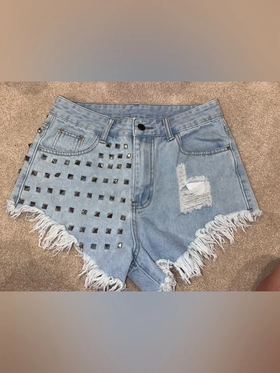 Light Blue Studded Fringe Denim Shorts - Picture 1 of 2